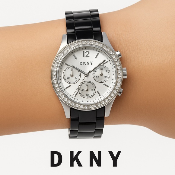 DKNY Women’s Silver-Tone Quartz Watch – Black Ceramic Band, Crystal Bezel - Picture 1 of 7